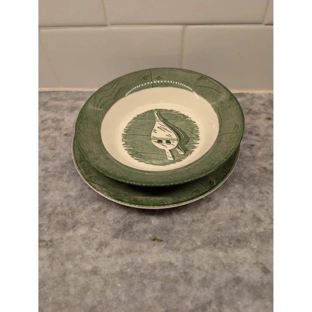 Vintage Royal China Colonial Homestead Green Water‎ Bucket Plate & Small Dish